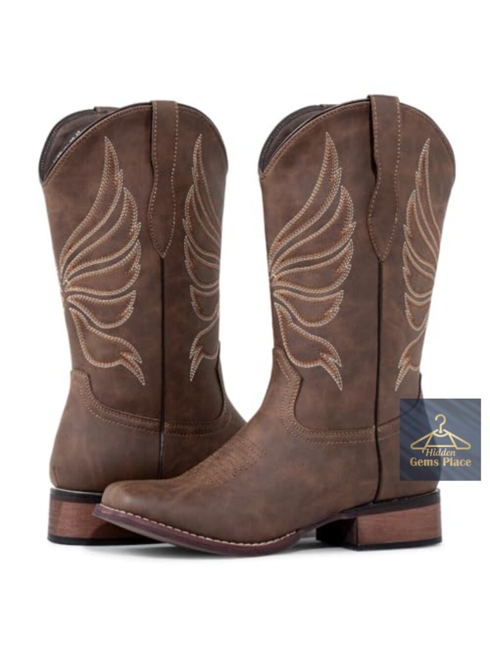Embroidered Square Toe Cowboy Boots Wide Calf Faux Leather Women's Western Boots